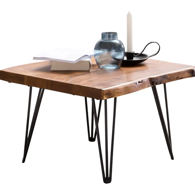 Couchtisch Baumkante 56x38x51 cm Sheesham Massivholz Metallbeine Wohnzimmertisch