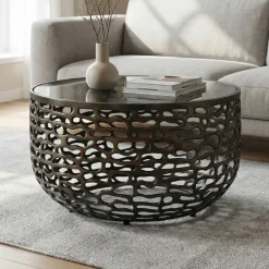 Couchtisch 60cm Alu Sofatisch Glas Wohnzimmertisch Beistelltisch Rund Metall