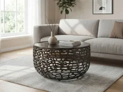 Couchtisch 60cm Alu Sofatisch Glas Wohnzimmertisch Beistelltisch Rund Metall