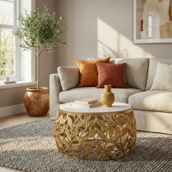Couchtisch 60cm Marmor Wohnzimmertisch Alu Sofatisch Beistelltisch Rund Modern