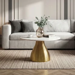 Couchtisch 60cm mit Marmor Platte Wohnzimmertisch Beistelltisch Metall Alu Rund