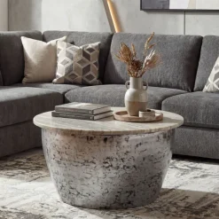 Couchtisch 60cm mit Marmor Platte weiß Wohnzimmertisch Beistelltisch Rund Silber