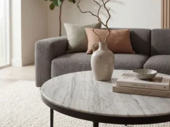 Couchtisch 70cm mit Marmor Platte weiß Wohnzimmertisch Beistelltisch Metall rund