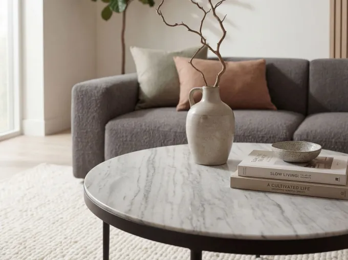 Couchtisch 70cm mit Marmor Platte weiß Wohnzimmertisch Beistelltisch Metall rund