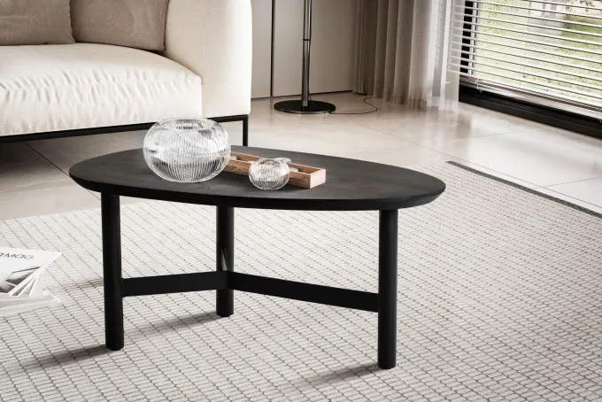 Couchtisch 80cm nierenförmig Massivholz schwarz Wohnzimmertisch Metallgestell