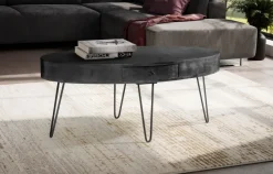 Couchtisch 100cm oval Massivholz schwarz Wohnzimmertisch Schublade Industrial