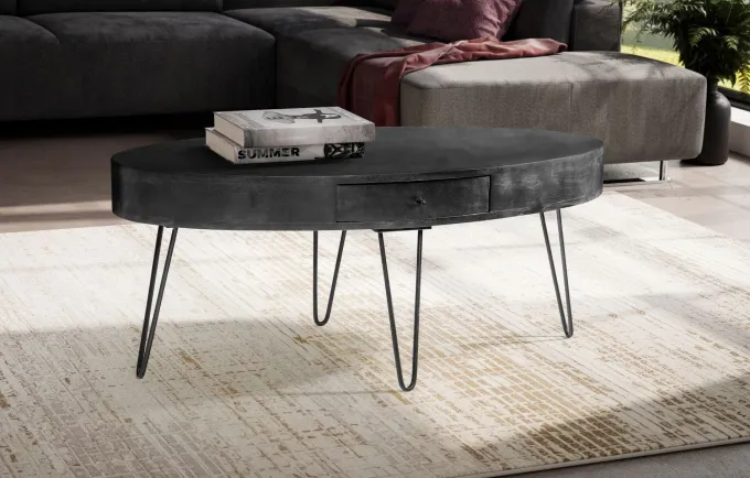 Couchtisch 100cm oval Massivholz schwarz Wohnzimmertisch Schublade Industrial