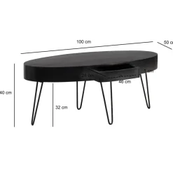 Couchtisch 100cm oval Massivholz schwarz Wohnzimmertisch Schublade Industrial