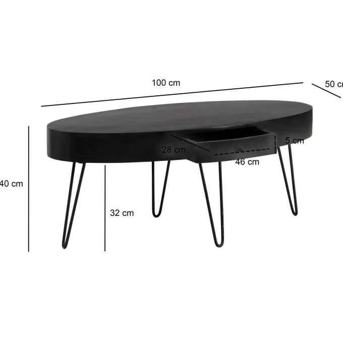 Couchtisch 100cm oval Massivholz schwarz Wohnzimmertisch Schublade Industrial