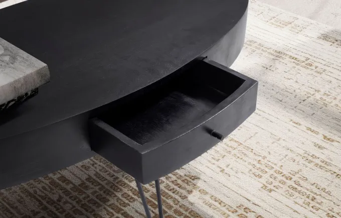 Couchtisch 100cm oval Massivholz schwarz Wohnzimmertisch Schublade Industrial
