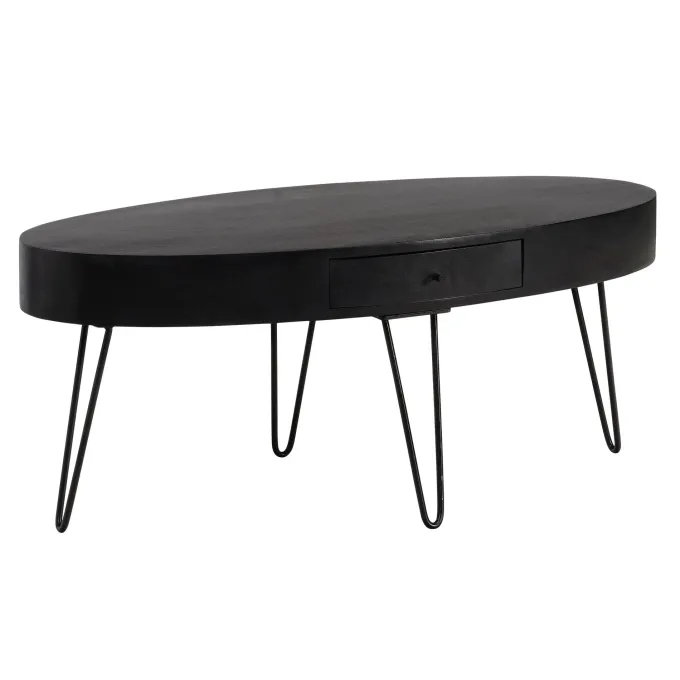 Couchtisch 100cm oval Massivholz schwarz Wohnzimmertisch Schublade Industrial