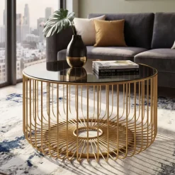 Couchtisch 60cm Sofatisch Metall Glas Wohnzimmertisch Beistelltisch Rund Gold