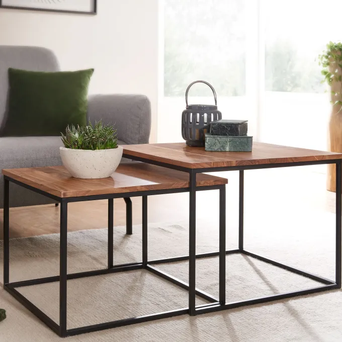 Couchtisch 2er Set Akazie Massivholz quadratisch · Wohnzimmertisch Industrial