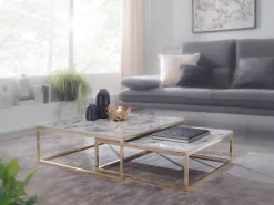 Couchtisch 2er Set FineBuy Satztisch Weiß Marmor Optik Modern Metallgestell