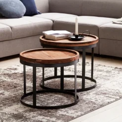 Couchtisch 2er Set Massivholz Wohnzimmertisch Industrial Design Metallgestell