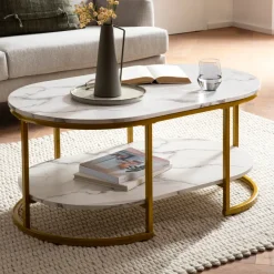 Couchtisch FineBuy Sofatisch 100 cm Marmor Optik Wohnzimmertisch Tisch Ablage