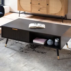 Couchtisch FineBuy Sofatisch 110x60 cm Schwarz Eiche Wohnzimmertisch Stauraum