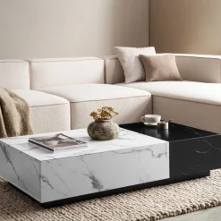 Couchtisch FineBuy Sofatisch Weiß 120 cm Marmoroptik Wohnzimmertisch Schublade