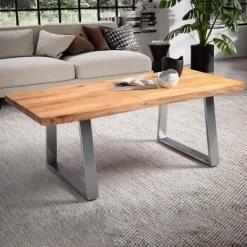 Couchtisch FineBuy Sofatisch 120 cm Massivholz Chrom Wohnzimmertisch Baumkante