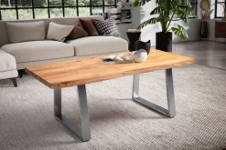 Couchtisch FineBuy Sofatisch 120 cm Massivholz Chrom Wohnzimmertisch Baumkante