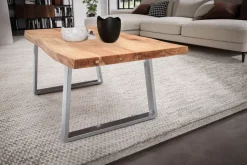 Couchtisch FineBuy Sofatisch 120 cm Massivholz Chrom Wohnzimmertisch Baumkante