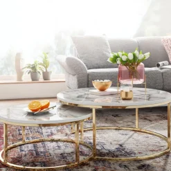 Couchtisch FineBuy Sofatisch 2er Set Weiß Marmor Optik Satztisch Tisch Rund