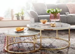 Couchtisch FineBuy Sofatisch 2er Set Weiß Marmor Optik Satztisch Tisch Rund
