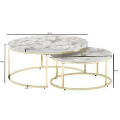 Couchtisch FineBuy Sofatisch 2er Set Weiß Marmor Optik Satztisch Tisch Rund