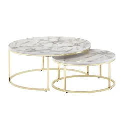 Couchtisch FineBuy Sofatisch 2er Set Weiß Marmor Optik Satztisch Tisch Rund