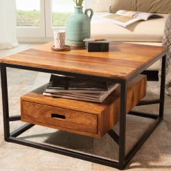 Couchtisch FineBuy Sofatisch Massivholz 60x60x40 cm Wohnzimmertisch Schublade
