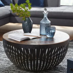Couchtisch FineBuy Sofatisch 70 cm Tisch Holz Massiv Metall Wohnzimmertisch