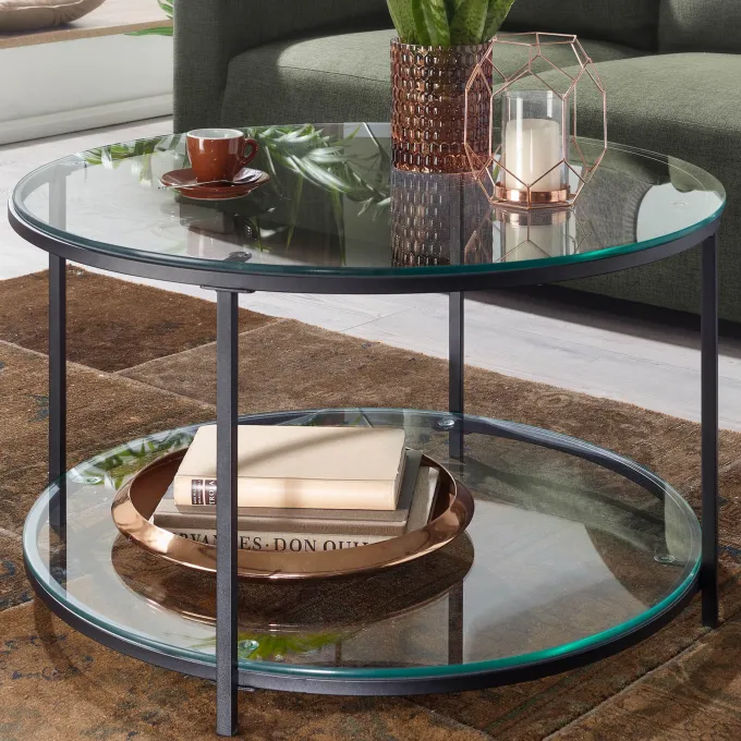 Couchtisch FineBuy Sofatisch Glas Wohnzimmertisch Ø 80 cm Rund Tisch Stauraum