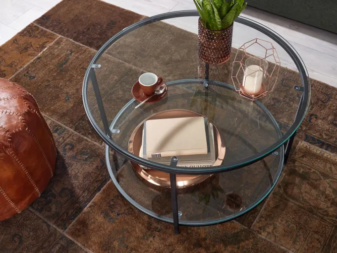Couchtisch FineBuy Sofatisch Glas Wohnzimmertisch Ø 80 cm Rund Tisch Stauraum