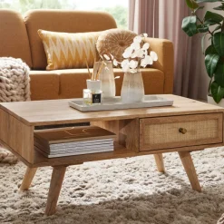 Couchtisch FineBuy Sofatisch 90 cm Massivholz Rattan Wohnzimmertisch Schublade