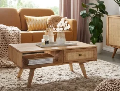 Couchtisch FineBuy Sofatisch 90 cm Massivholz Rattan Wohnzimmertisch Schublade