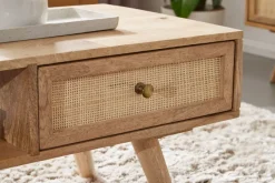 Couchtisch FineBuy Sofatisch 90 cm Massivholz Rattan Wohnzimmertisch Schublade