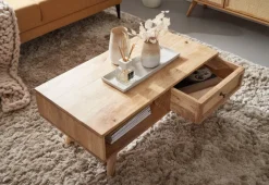 Couchtisch FineBuy Sofatisch 90 cm Massivholz Rattan Wohnzimmertisch Schublade