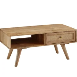 Couchtisch FineBuy Sofatisch 90 cm Massivholz Rattan Wohnzimmertisch Schublade