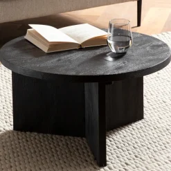 Couchtisch FineBuy Sofatisch Massivholz Schwarz 60x60x33cm Wohnzimmertisch Rund