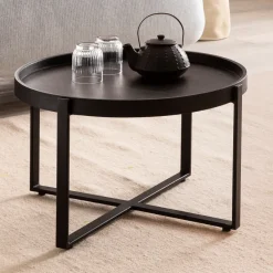 Couchtisch FineBuy Sofatisch Massivholz Schwarz 60x60x35 cm Wohnzimmertisch Rund