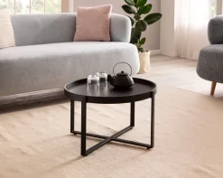 Couchtisch FineBuy Sofatisch Massivholz Schwarz 60x60x35 cm Wohnzimmertisch Rund