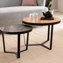 Couchtisch FineBuy Wohnzimmertisch 2er Set Rund Holz / Steinoptik Satztisch