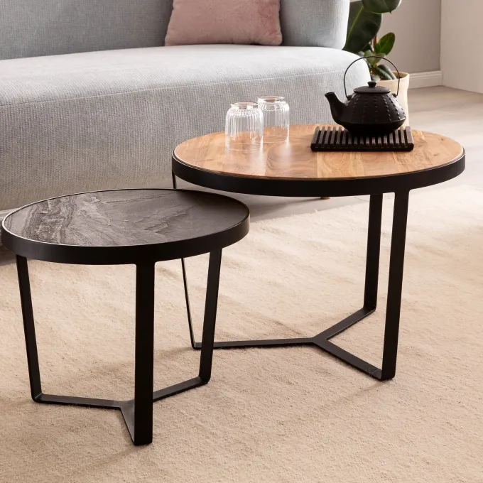 Couchtisch FineBuy Wohnzimmertisch 2er Set Rund Holz / Steinoptik Satztisch