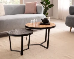 Couchtisch FineBuy Wohnzimmertisch 2er Set Rund Holz / Steinoptik Satztisch
