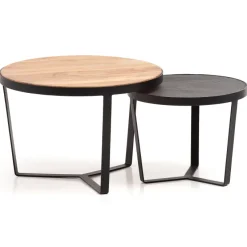 Couchtisch FineBuy Wohnzimmertisch 2er Set Rund Holz / Steinoptik Satztisch