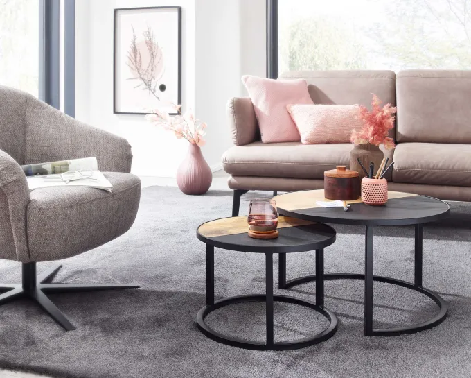 Couchtisch FineBuy Wohnzimmertisch 2 teilig Massivholz Rund Beistelltisch Tisch