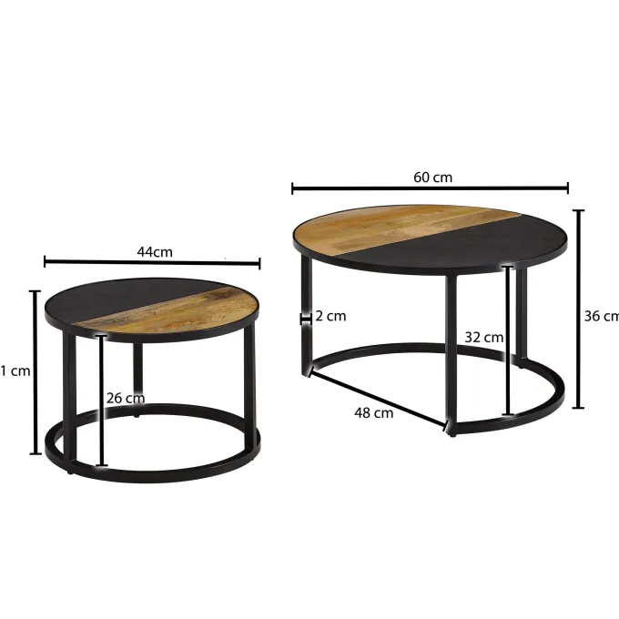 Couchtisch FineBuy Wohnzimmertisch 2 teilig Massivholz Rund Beistelltisch Tisch