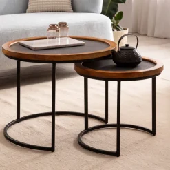 Couchtisch FineBuy Wohnzimmertisch 2er Set Rund Holz / Steinoptik Satztisch