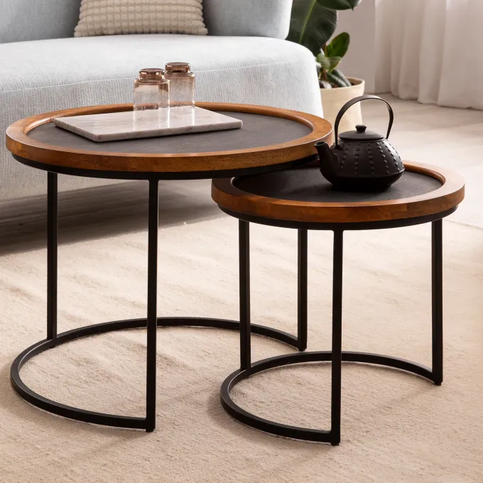 Couchtisch FineBuy Wohnzimmertisch 2er Set Rund Holz / Steinoptik Satztisch