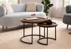 Couchtisch FineBuy Wohnzimmertisch 2er Set Rund Holz / Steinoptik Satztisch